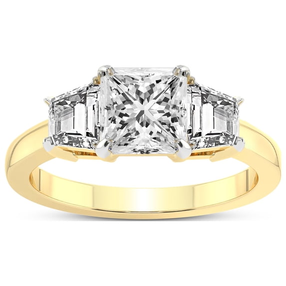 1 Ct IGI Certified Princess Shape Lab Grown Diamond Engagement Ring | 14K Yellow Gold |Dianna Three Stone Side Trapezium Diamond Ring | FG-VS1-VS2 Quality Friendly Diamonds