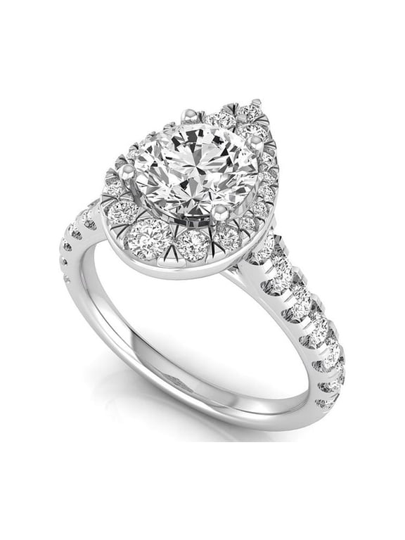 1 Ct Lab Grown Diamond Engagement Ring for Women, IGI Certified D Color VVS2 Clarity Round Cut 14K White Gold Teardrop Shape Halo Wedding Ring 7 US
