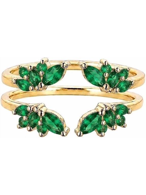 1 Ct Marquise & Round Cut Simulated Green Emerald Ring Guard Enhancer 14K Yellow Gold Plated 925 Silver Wedding Wrap For Women's