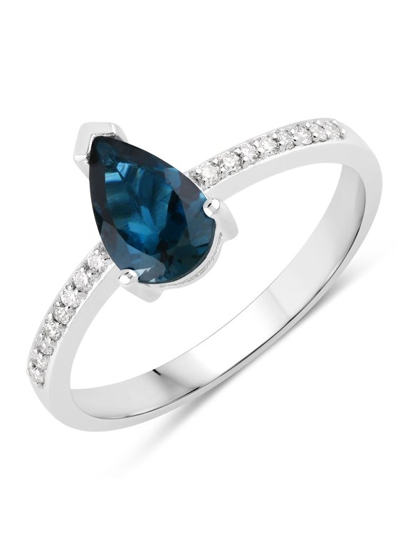 1 Ct Pear London Blue Topaz Lab Diamond V-Prong Silver Pave Bridge Ring