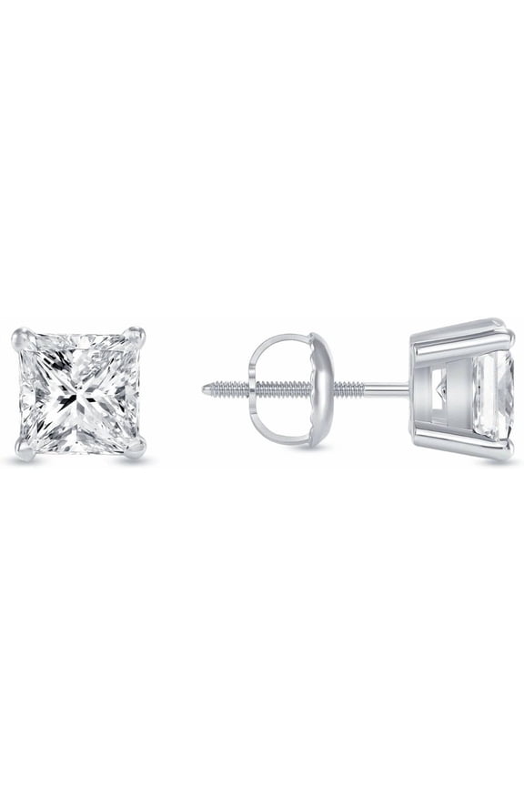 1 Ct Princess Cut Natural Diamond Stud Earrings | 925 Sterling Silver| Screw Back Solitaire