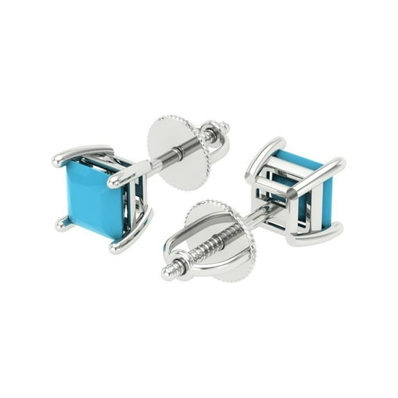 1 Ct Princess Cut Studs Blue Turquoise 18K White Solid Solid Gold Everyday Dainty Earrings Screw Back