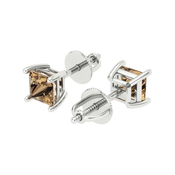 1 Ct Princess Cut Studs Champagne Crystal 18K White Solid Gold Everyday Dainty Earrings Screw Back
