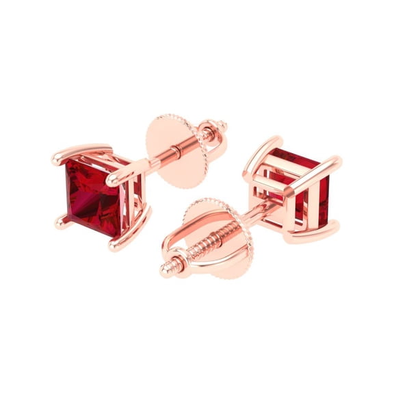 1 Ct Princess Cut Studs Pink Tourmaline 18K Rose Solid Solid Gold Everyday Dainty Earrings Screw Back