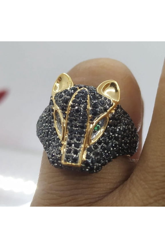1 Ct Round Cut Black Cubic Zirconia Panther Men's Ring 14k Yellow Gold Plated Silver