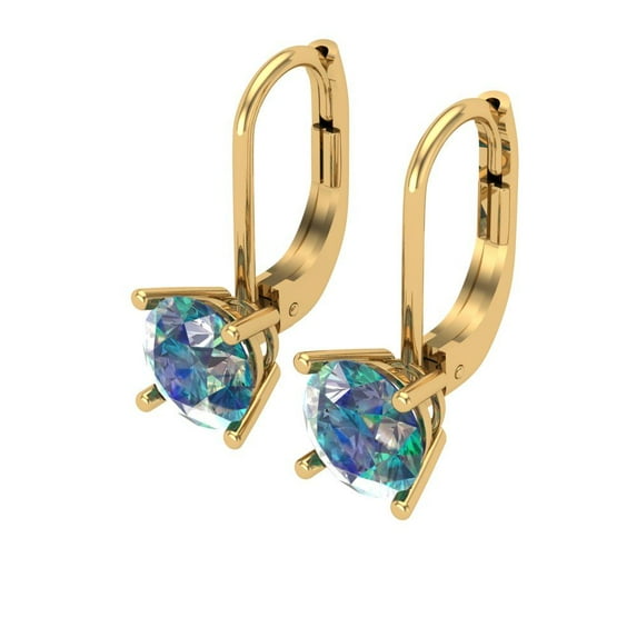 1 Ct Round Cut Drop Dangle Blue Moissanite 18K Yellow Solid Solid Gold Everyday Dainty Earrings Lever Back
