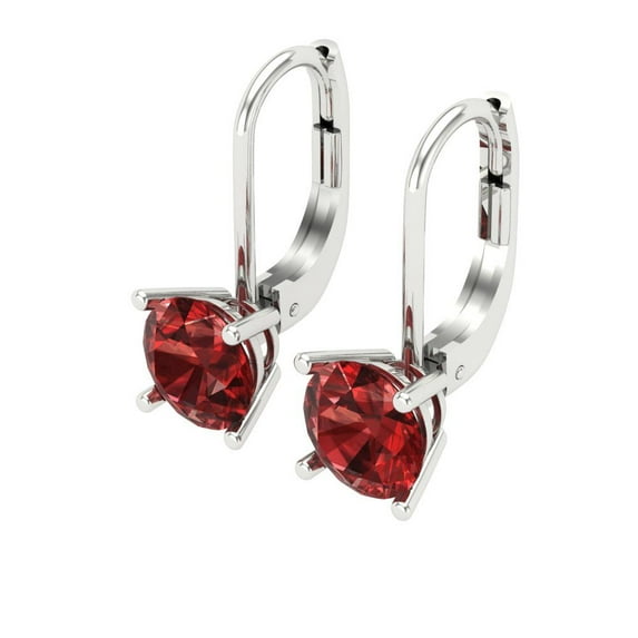 1 Ct Round Cut Drop Dangle Red Natural Garnet 18K White Solid Solid Gold Everyday Dainty Earrings Lever Back
