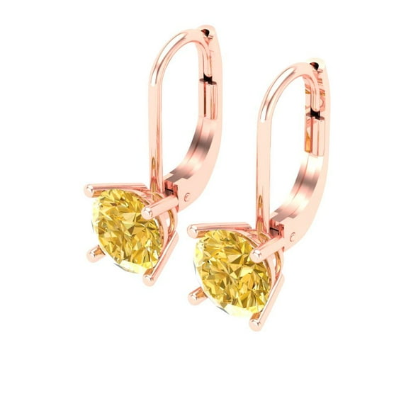 1 Ct Round Cut Drop Dangle Yellow Crystal 14K Rose Solid Gold Everyday Dainty Earrings Lever Back