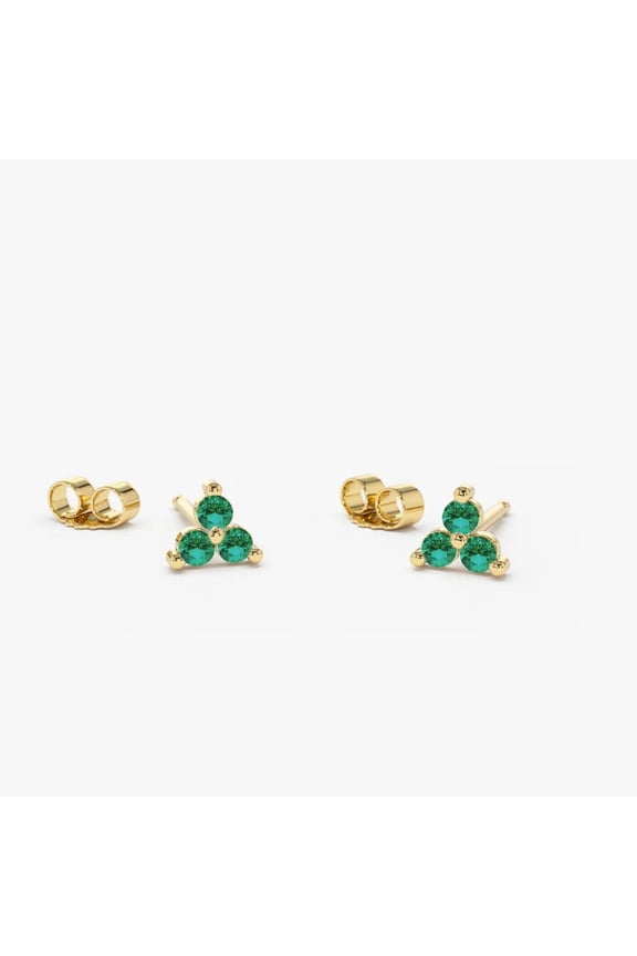 1 Ct Round Cut Lab-Created Green Emerald Tiny Trio Stud Earrings, 14k Yellow Gold Plated Women’s Wedding Jewelry, Perfect Gift for Her