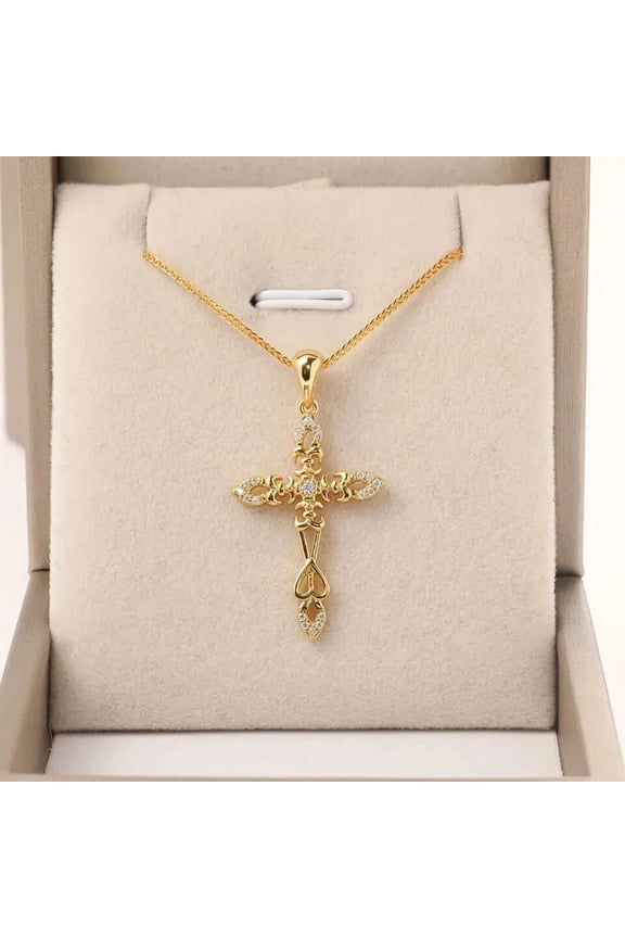 1 Ct Round Cut Natural Moissanite Simple Cross Pendant 14K Yellow Gold Plated