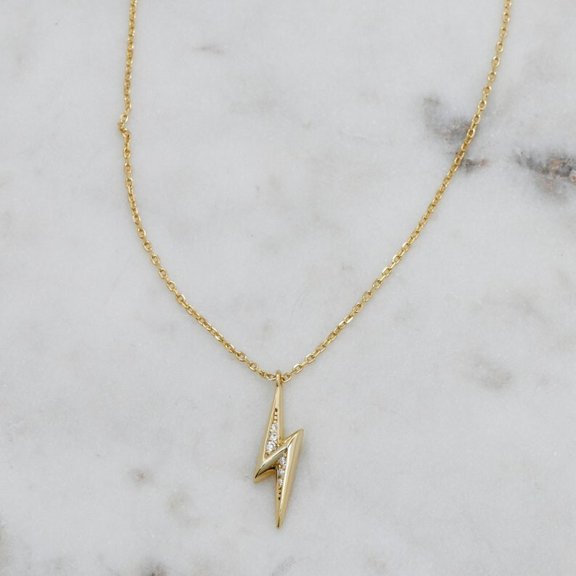1 Ct Round Cut Simulated Diamond Women's Lightning Bolt Pendant 14K Yellow Gold Plated Silver Free Chain 18"