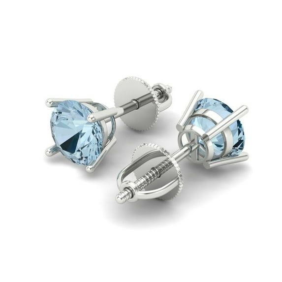 1 Ct Round Cut Studs Blue Natural Aquamarine 18K White Solid Solid Gold Everyday Dainty Earrings Screw Back