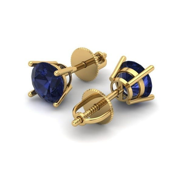 1 Ct Round Cut Studs Blue Sapphire 14K Yellow Solid Solid Gold Everyday Dainty Earrings Screw Back