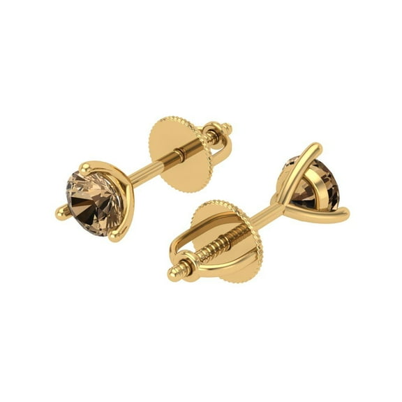 1 Ct Round Cut Studs Champagne Crystal 18K Yellow Solid Gold Everyday Dainty Earrings Screw Back