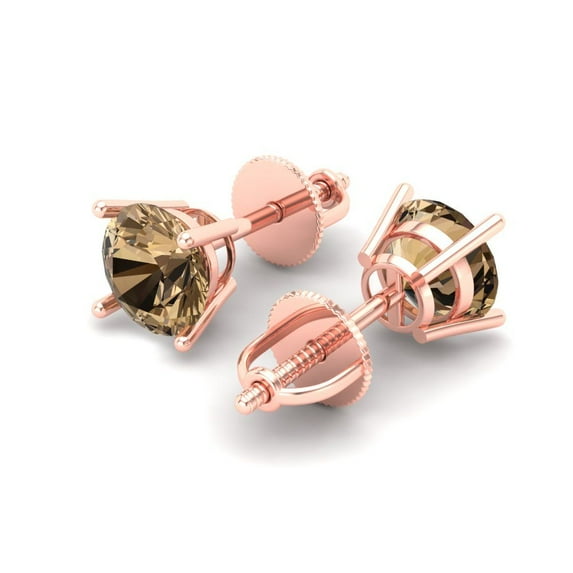 1 Ct Round Cut Studs Champagne Crystal 14K Rose Solid Gold Everyday Dainty Earrings Screw Back