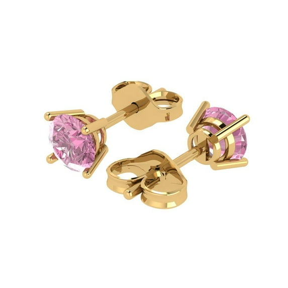 1 Ct Round Cut Studs Pink Crystal 18K Yellow Solid Gold Everyday Dainty Earrings Push Back