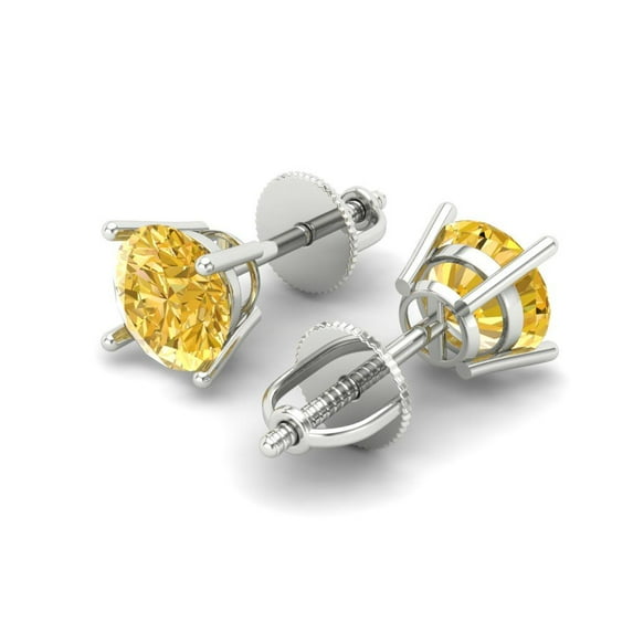 1 Ct Round Cut Studs Yellow Crystal 18K White Solid Gold Everyday Dainty Earrings Screw Back