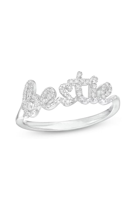 1 Ct Round Moissanite Cursive "Bestie" Band Ring 10k White Gold Finish Silver