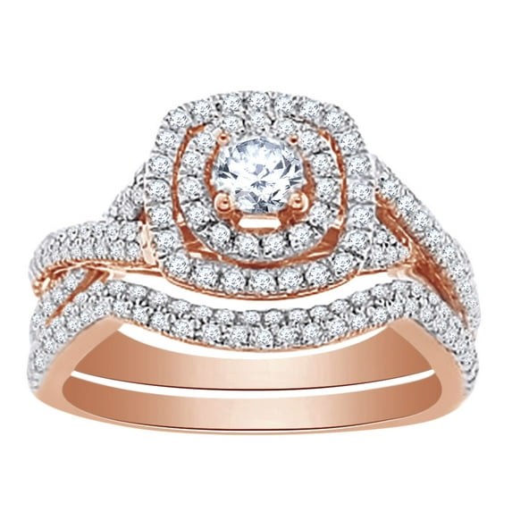 AFFY 1 Ct Round White Natural Diamond Cushion Frame Spilt Shank Engagement Ring in 14k Rose Gold Ring Size : 10
