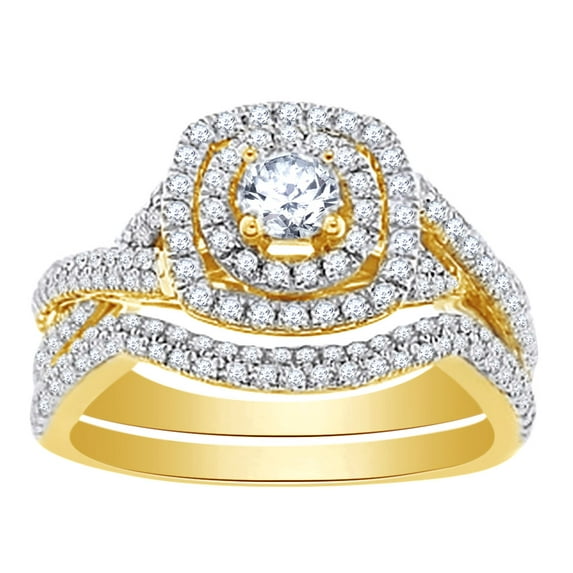 AFFY 1 Ct Round White Natural Diamond Cushion Frame Spilt Shank Engagement Ring in 14k Yellow Gold Ring Size : 13.5