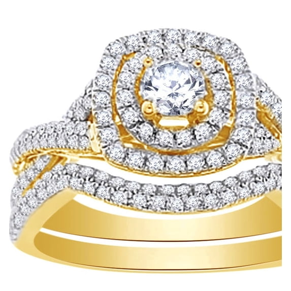 AFFY 1 Ct Round White Natural Diamond Cushion Frame Spilt Shank Engagement Ring in 14k Yellow Gold Ring Size : 6.5