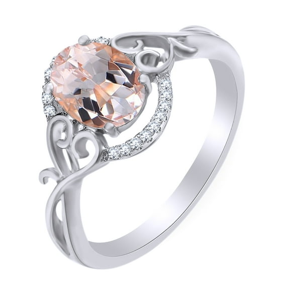 AFFY 1 Ct Simulated Morganite & White Natural Diamond Vintage Engagement Wedding Ring in White Gold Ring Size - 12