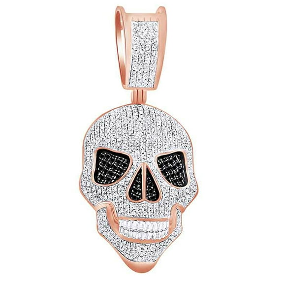 AFFY 1 Cttw Round Black & White Natural Diamond Iced Out Hip Hop Jewelry Skull Pendant In 10k Solid Rose Gold