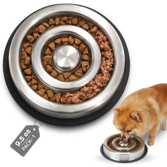 1 Cup (9.5 oz) Slow Feeder Dog Bowls, Shallow Spiral Style Stainless Steel Small Dog, Cat Dry, Wet Food Dishes for Fast Eater, Nonslip Heavy Feeding Puzzle Bowl, Slo Down Eating, 1035lbs