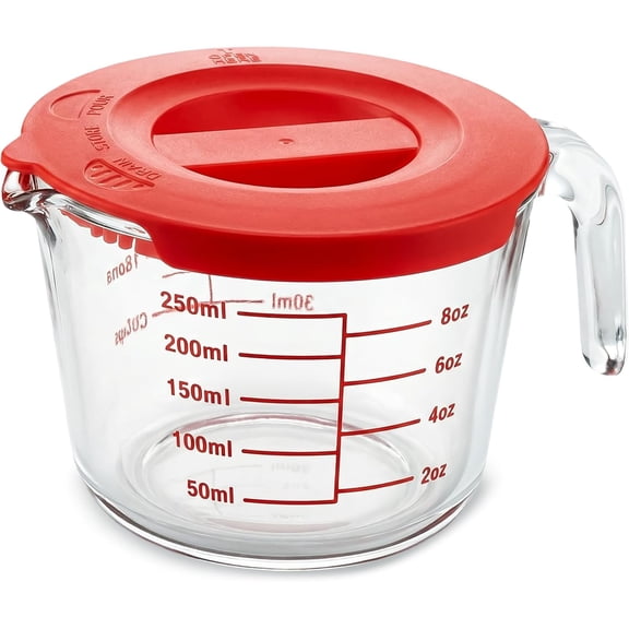 1 Cup Glass Measuring Cup with Lid (8 oz) - Heat-Resistant Borosilicate Liquid Measure Cup with Easy-Read Scale for Cooking, Baking and Food Storage, Dishwasher and Freezer Safe