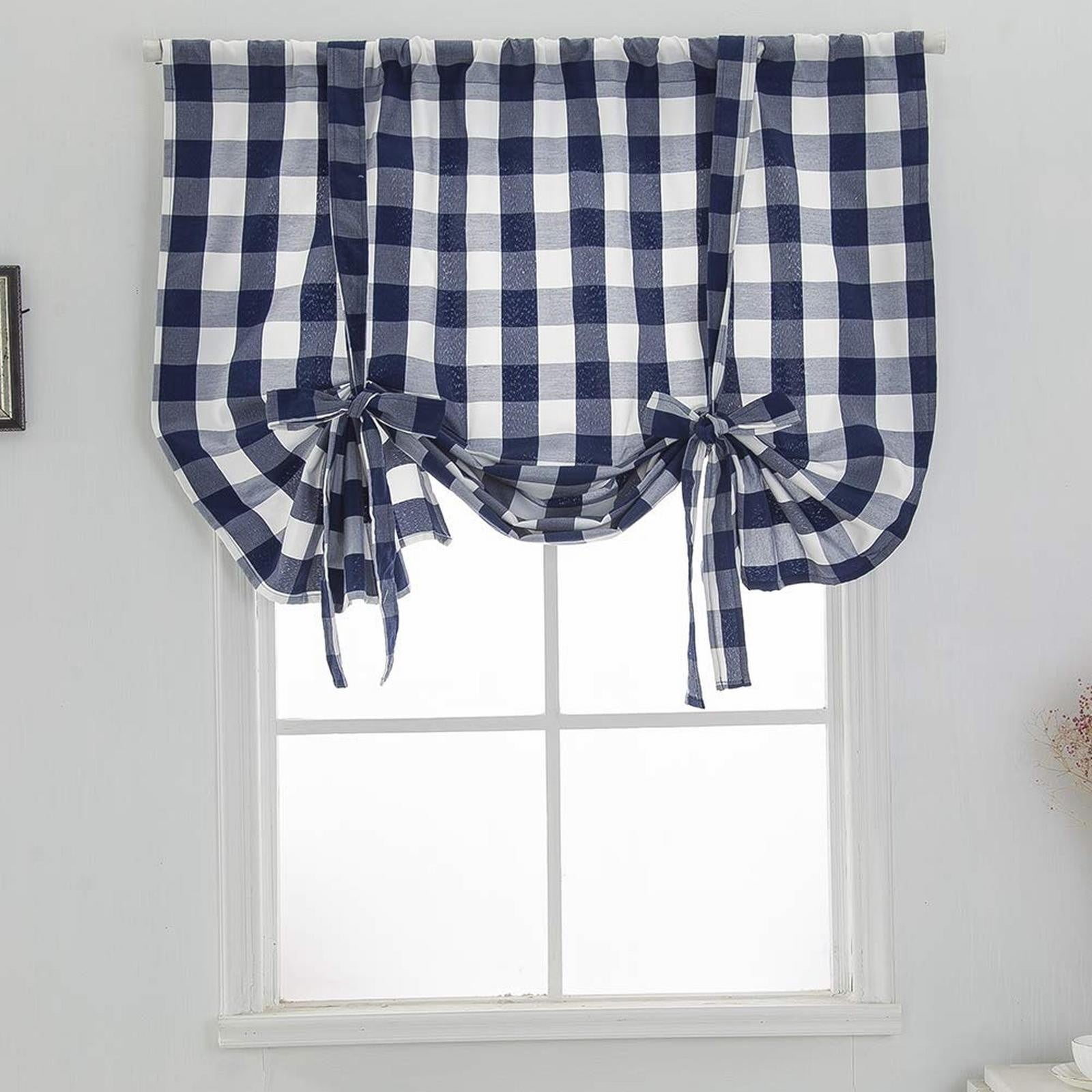 1*Curtain Clearance! Blue and White Check Up Curtains Farmhouse Thermal Insulated Window Adjustable Balloon Curtain for Small Window Curtain