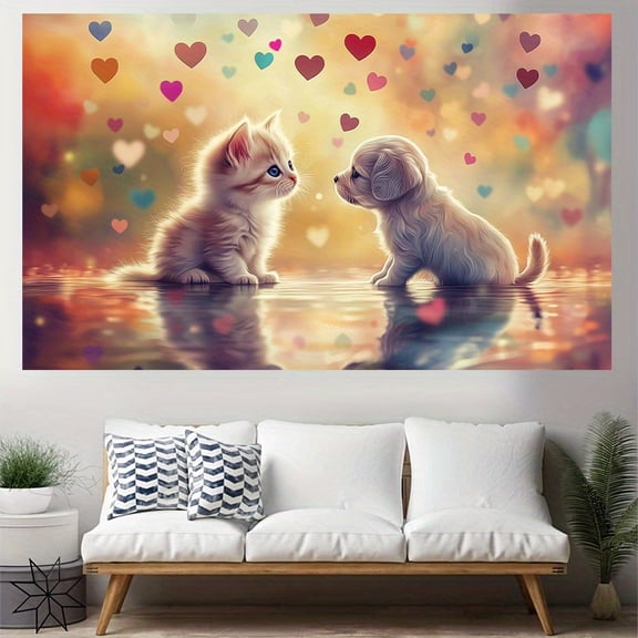 1 Cute Cat & Puppy Background Tapestry Featuring an Adorable Design of Cats, Dogs, and Floating Hearts Ideal for Home Decor (Living Room, Bedroom, Office, Parties) and Cat-Themed Decorations.