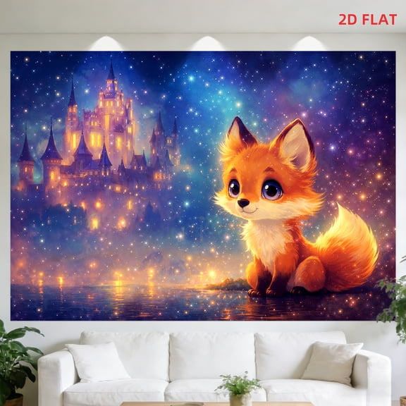 1 Cute Fox and Magic Castle Tapestry | Starry Night Sky, Colorful Lights, Fantasy Scene, Made of Polyester, Suitable for Bedrooms, Living Rooms, Meditation Areas, Offices, and Party Decorations