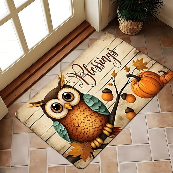 1 Cute Owl Print Welcome Mat - Non-slip Flannel Doormat, Machine Washable, Suitable for Indoor/Outdoor Use, Ideal for Outdoor Porch, Kitchen, Living Room, Bathroom, or Office Decor.