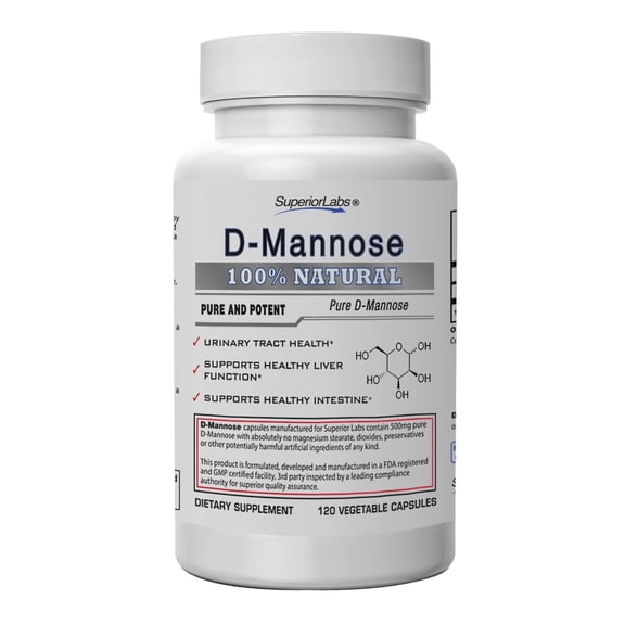 Superior Labs D-Mannose Vegetarian Capsules, 500mg, Intestine Support, 120 Count