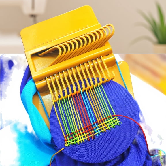 1 Darning Loom with 14 Hooks, Small Weaving Loom for Mending, Wood Disc Repair Tool for Jeans Sweaters Socks, Includes 4 Rubber Bands