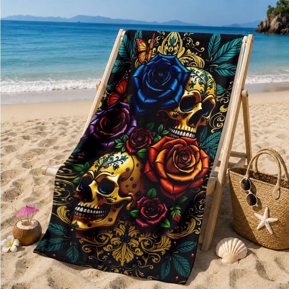 1 Day of the Dead Sugar Skull Rose Printed Beach Towel Perfect for Summer Travel, Beach Essentials, Machine Washable Polyester, Swimming Pool and Outdoor Activities