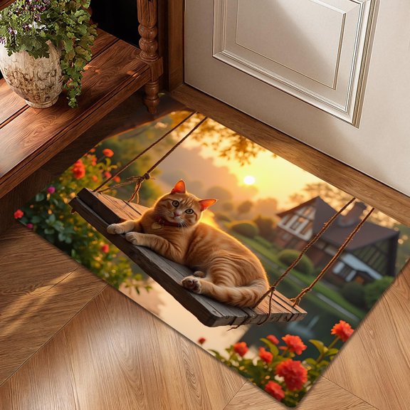 1 Decorative Floor Mat featuring an Orange Cat on a Swing PatternMachine Washable, Polyester MaterialSuitable for Decorating Outdoor Porches, Kitchens, Living Rooms, Bathrooms, or Offices.