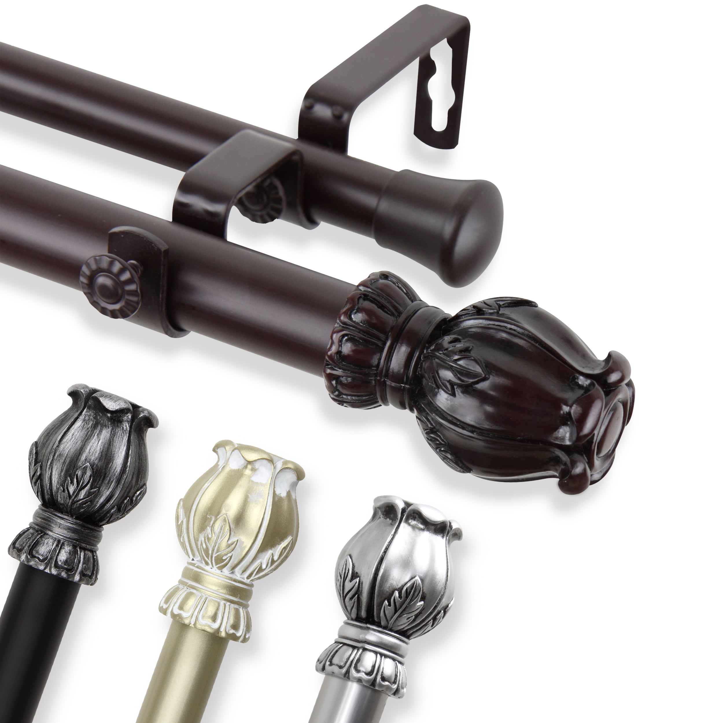 1" Dia Adjustable Bella Double Curtain Rod 28-48 inch Mahogany