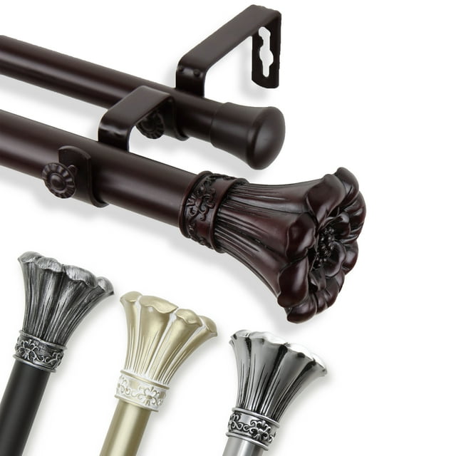 1" Dia Adjustable Rosetta Double Curtain Rod 120-170 inch Mahogany