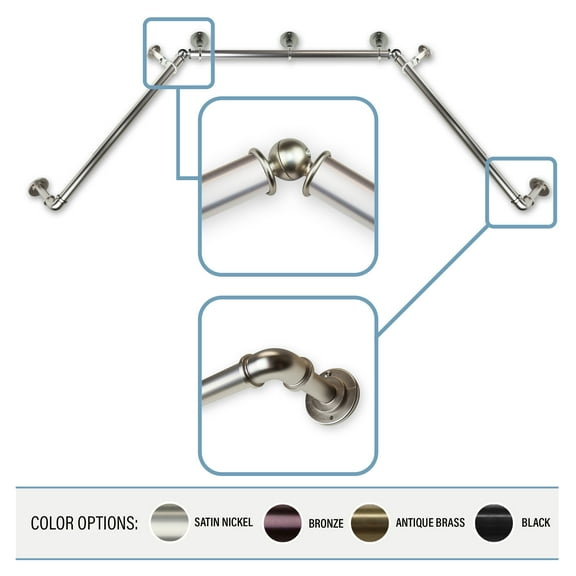 1" Dia Pipe Bay Window Curtain Rod, Adjustable 23"-41", 41"-78"- Satin Nickel,(DP100-Bay-5)