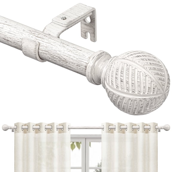 1" Diameter Heavy Duty Adjustable Wood Curtain Rod 32-144 Inch, Rust-Proof Indoor & Outdoor Pole with Imitation Wood Grain Leaf Finials, Sturdy Modern Decorative Rod, White