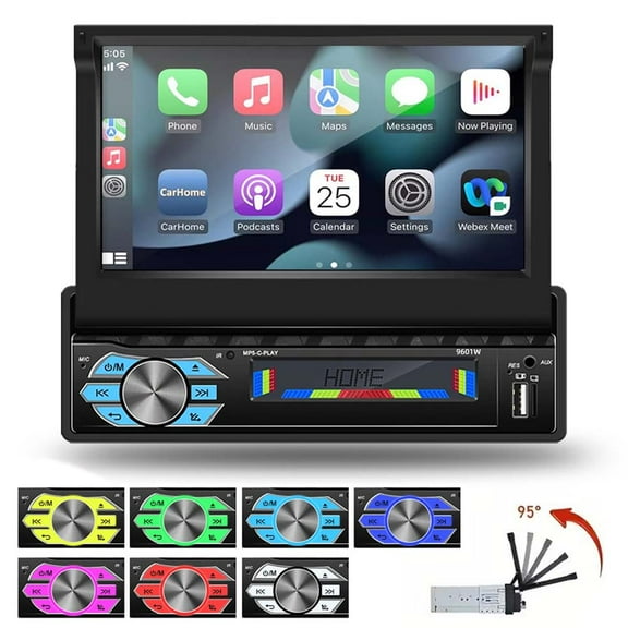 1 Din 7 Inch Car Stereo Radio with Wireless Apple Carplay Android Auto HD Electric telescopic Touchscreen Flip out Screen FM Bluetooth Android/iOS Mirror Link, Single 1 Din Car Audio USB/TF/AUX-in