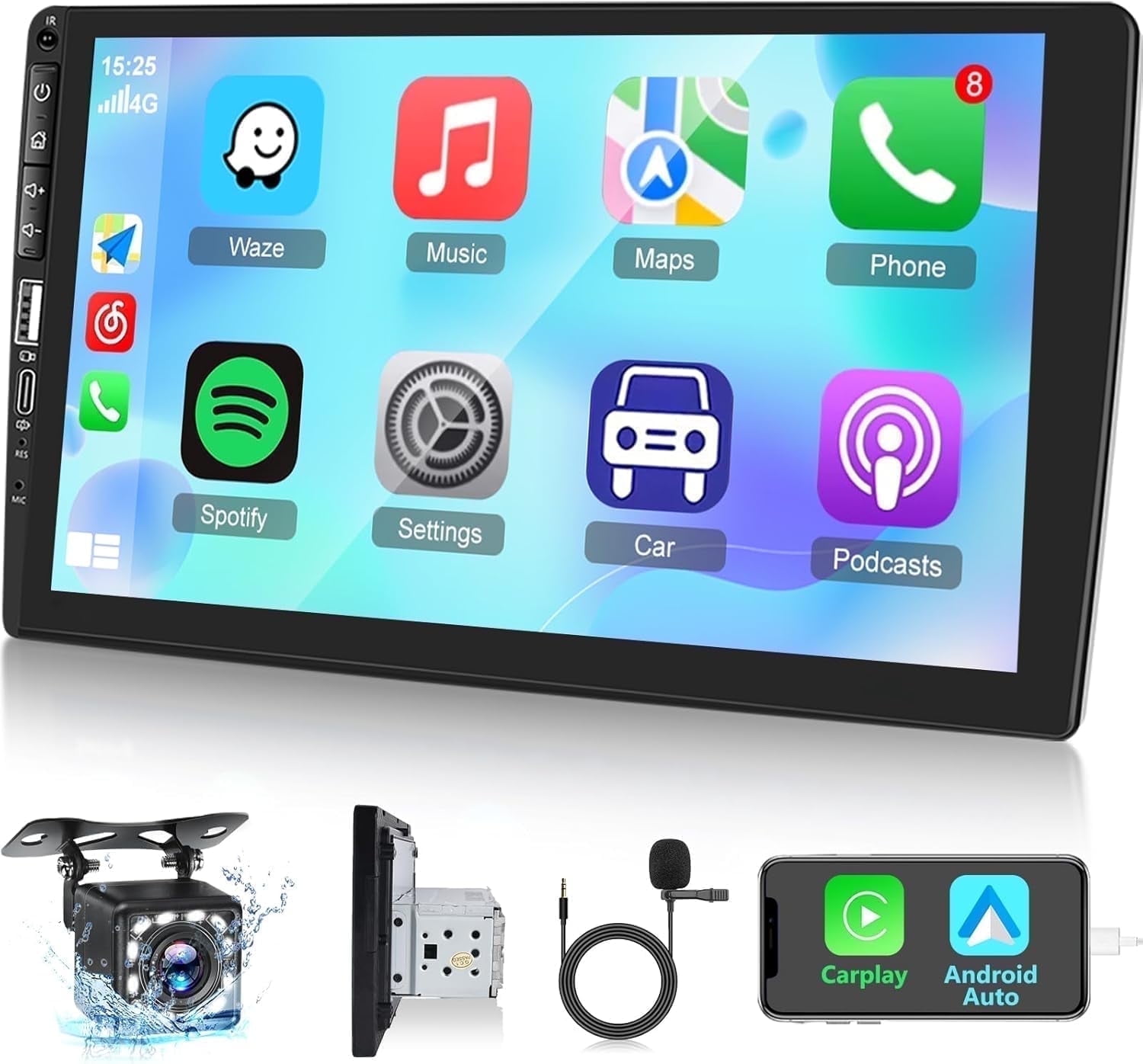 Podofo Single Din Touchscreen Car Radio 9 inch Wired Carplay and Android Auto - Car Stereo with Bluetooth/Mirror Link/SWC/FM+ Backup Camera