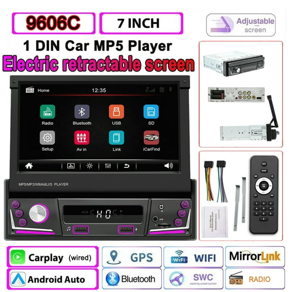 1 Din Car Radio Electric Retractable Screen Autoradio Universal Multimedia MP5 Player 7 Lights Wired Carplay Bluetooth Car Stereo