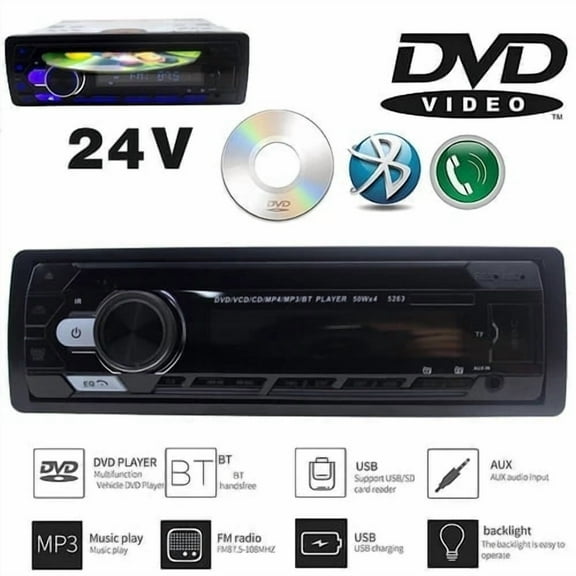 1 Din Car Radio MP3 SD/AUX/USB Wireless Remote Control Bluetooth 24V Charger Handsfree DVD CD Player FM Transmitter Car Stereo