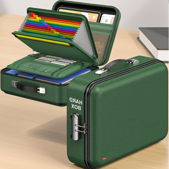 1 Document Box with Combination Lock, Hard Shell Waterproof File Organizer, 12 Accordion Pockets, 15x11x5 Inches, Green