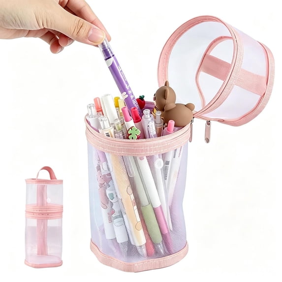Under 1$ Dollar Clear Mesh Cylindrical Pencil Case, Large‑Capacity Pencil Box, Vertical Round Stationery Organizer, Multi‑Use High‑Value Gauze Pen Pouch for College, Office & Daily Classroom Supplies