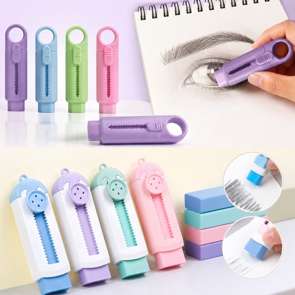 Under 1$ Dollar! Tarmeek Retractable Push-Pull Eraser with Plastic Cover, Cute Slide Eraser for Pencil Marks, Smudge-Free Extendable Eraser for Daily Office Home Use, Compact Mechanical Eraser