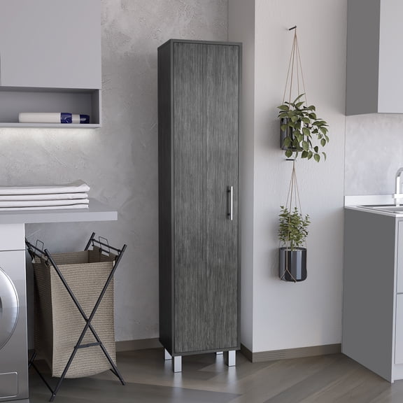 1 Door Cabinet With Broom Hangers - Modern Storage For Primary Living Space, Engineered Wood, Natural Brown, Shelves Included & Area, Brown Finish, Shelves, Wood Made