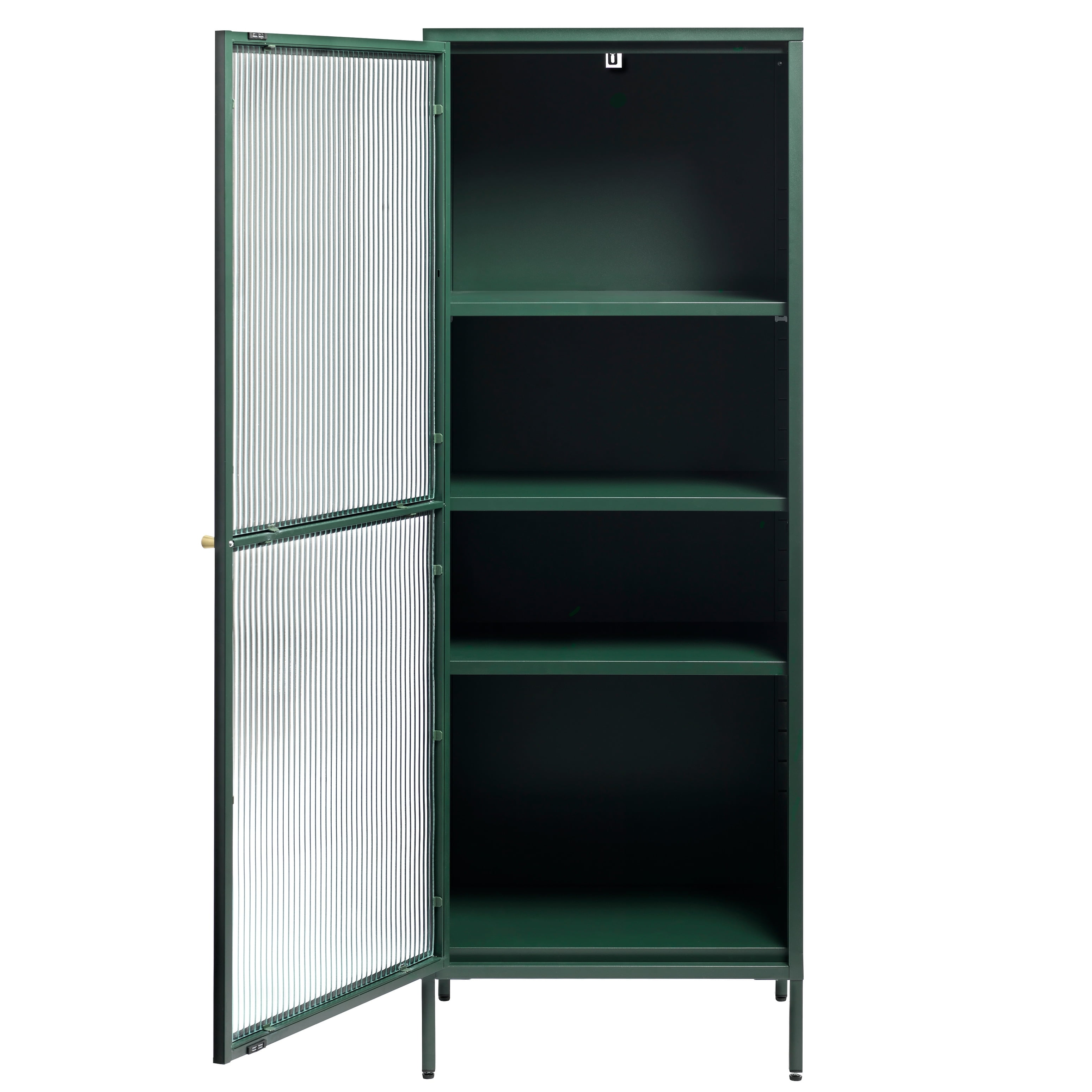 Green Metal and Glass China Cabinet with Golden Handle